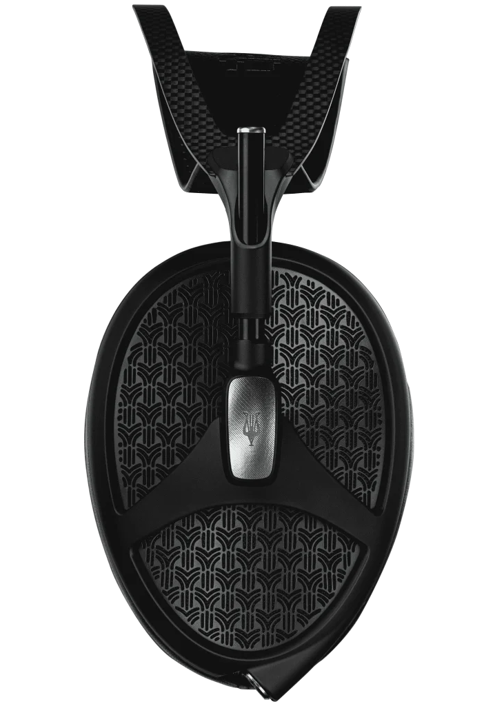 Meze Audio Empyrean II wired headphones with plush ear cushions and sleek black design, shown from a side angle.