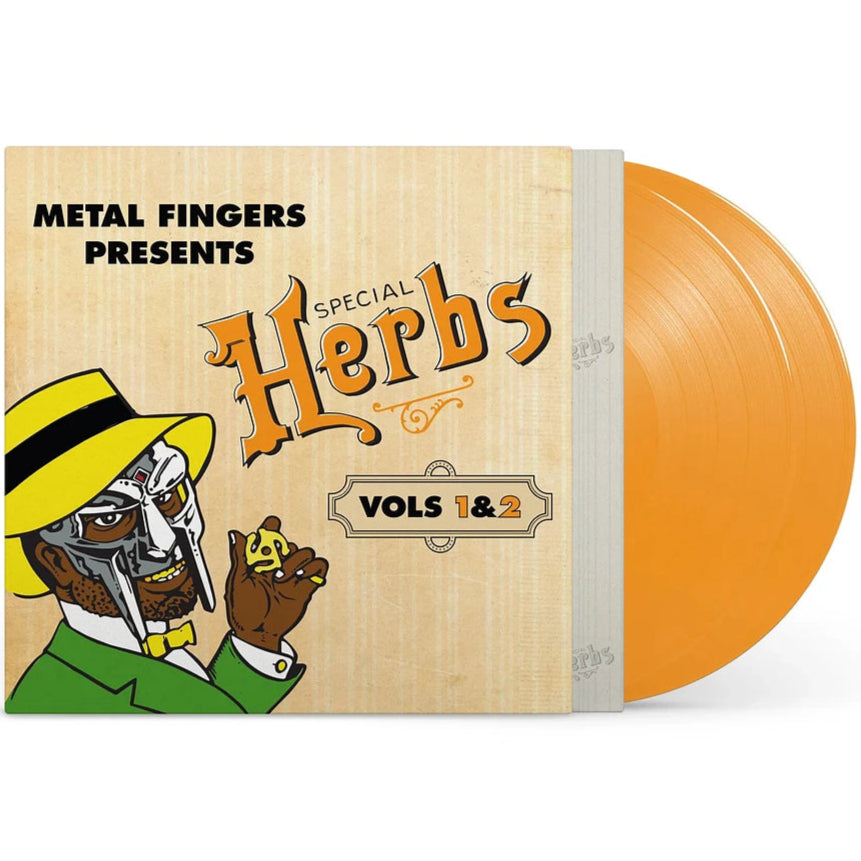 Mustard yellow vinyl of MF Doom's Metal Fingers Presents Special Herbs Vol. 1 & 2 hip-hop album on Rhymesayers Entertainment 2LP.