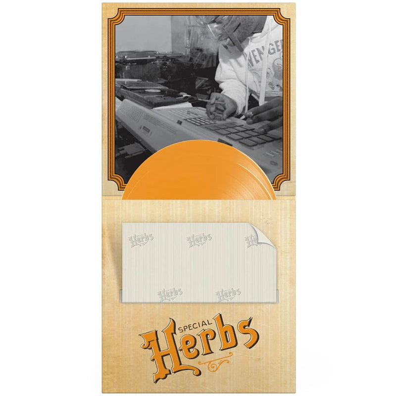 Mustard yellow vinyl 2LP of MF Doom's Metal Fingers Presents: Special Herbs Vol. 1 & 2, hip-hop rap album from Rhymesayers Entertainment