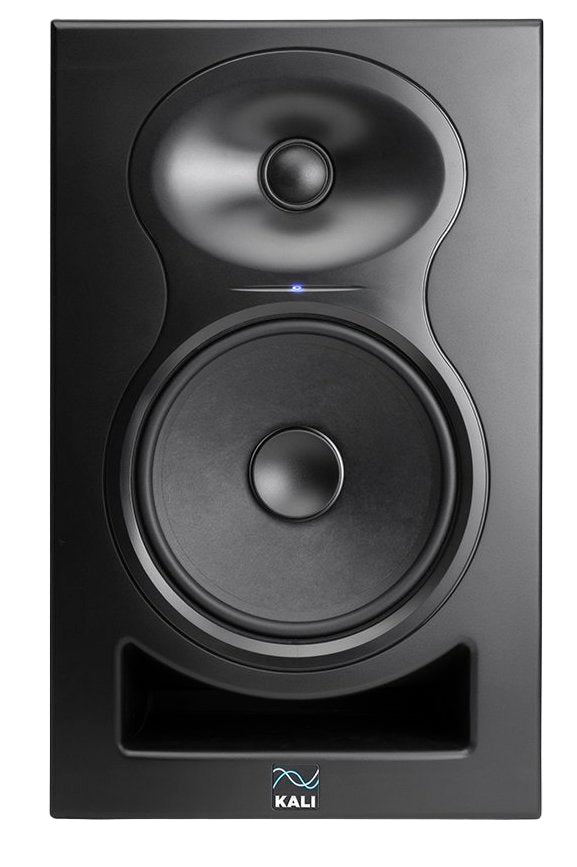 Front view of Kali Audio MM-6 active nearfield monitors showing black speaker cabinets with silver accents