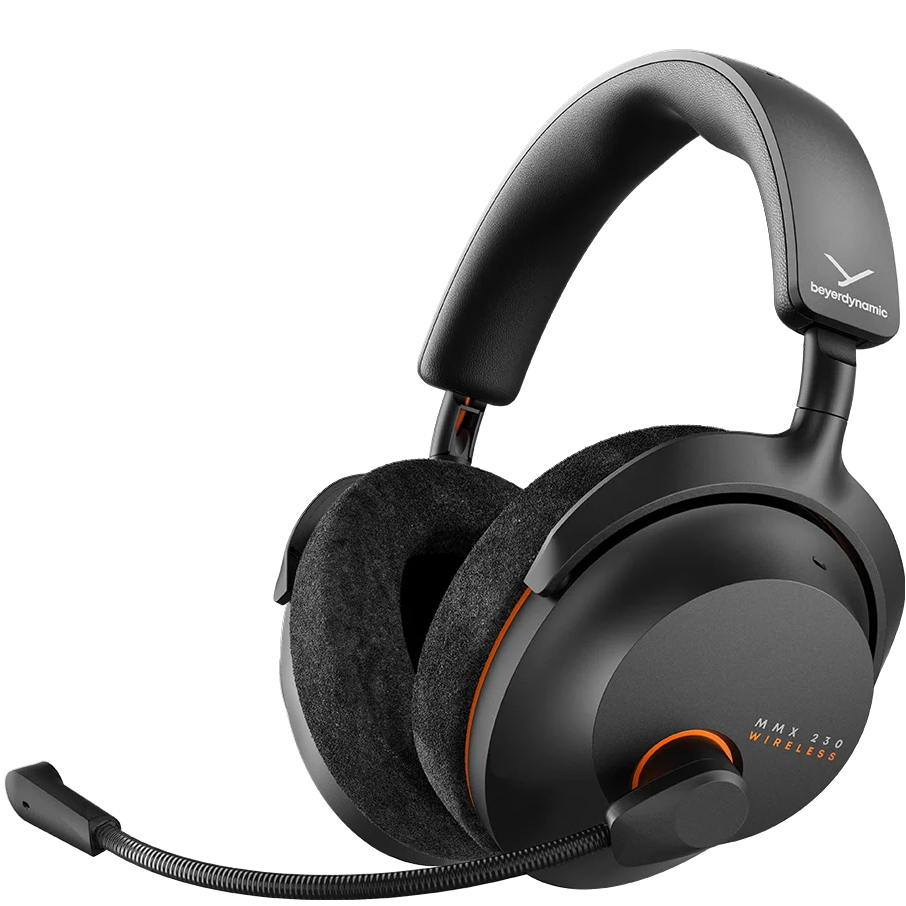 Black Beyerdynamic MMX 230 Wireless gaming headphones with over-ear design, adjustable headband, and built-in microphone.