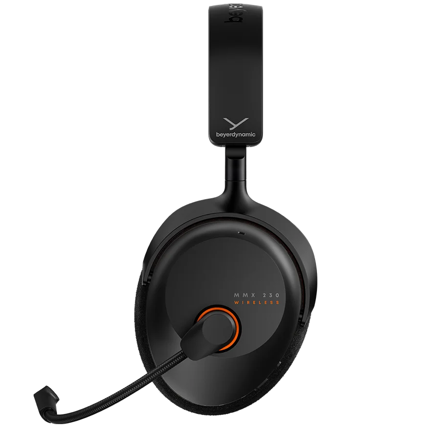 Black Beyerdynamic MMX 230 Wireless gaming headphones with over-ear design and adjustable headband, shown from a side view.