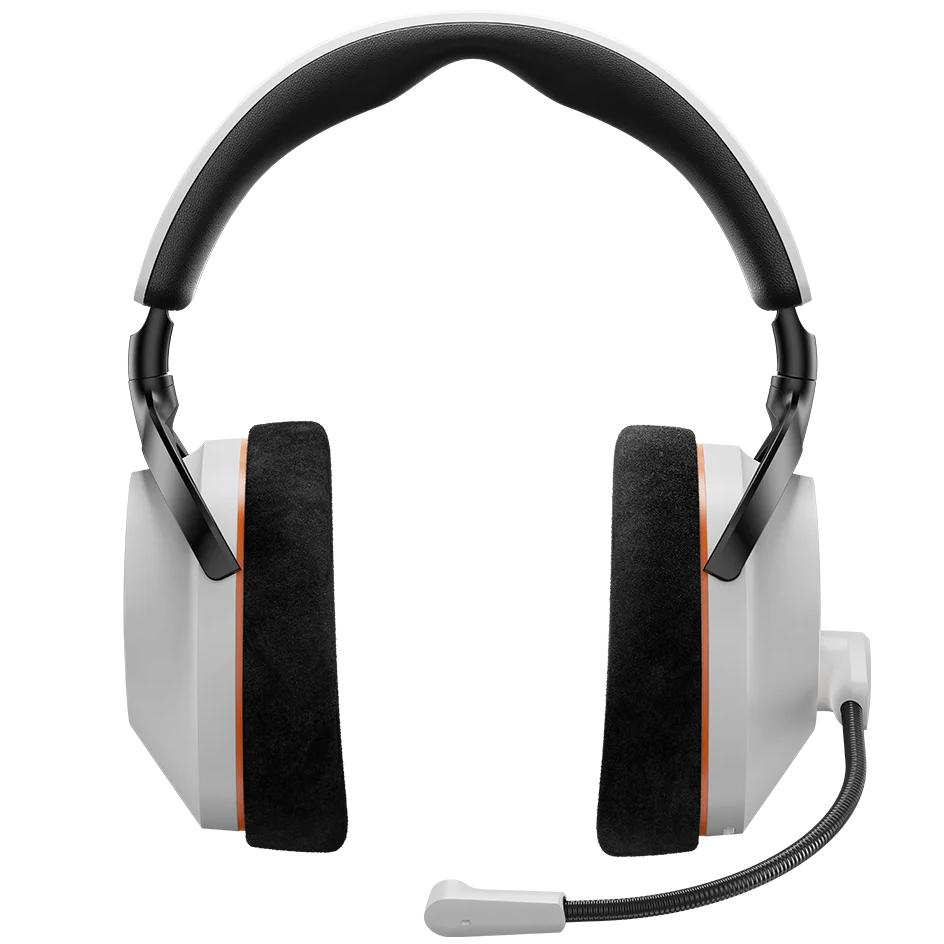 Beyerdynamic MMX 230 Wireless gaming headphones in white, front view showing over-ear design and adjustable headband.