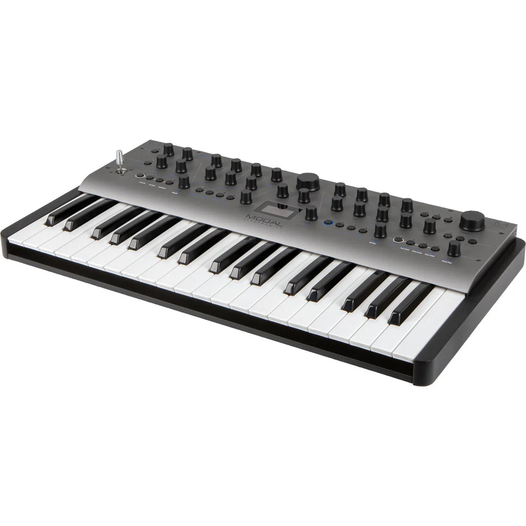 Modal Electronics Carbon8 keyboard synthesizer with a sleek black front panel, showing control knobs and digital display.