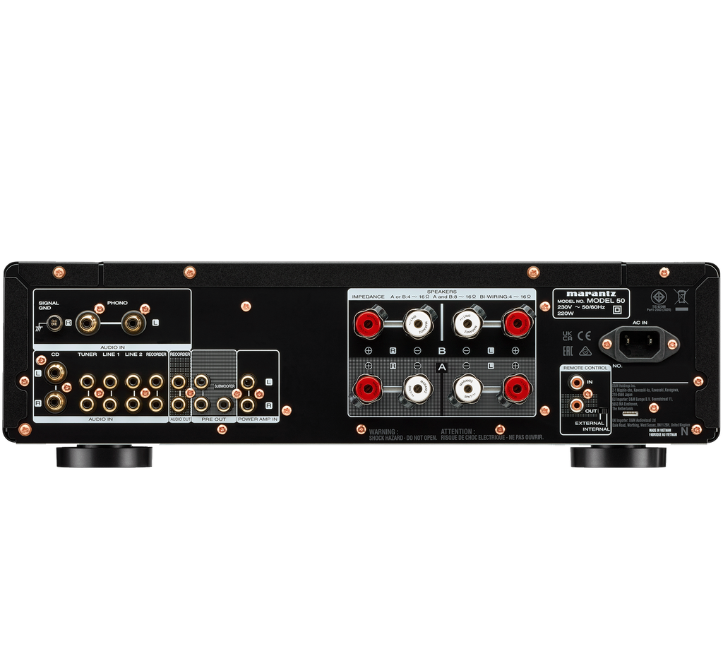 Marantz MODEL 50 stereo amplifier with black back panel and input/output ports, showcasing high-quality audio equipment.