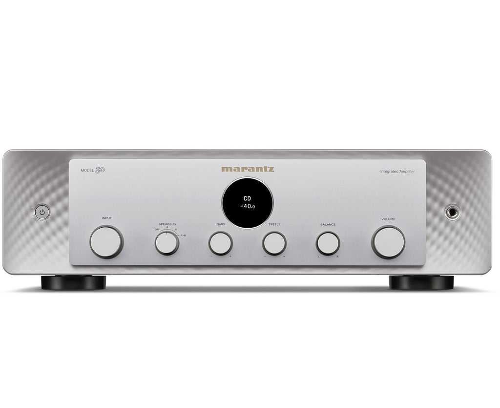 Marantz MODEL 50 stereo amplifier in silver, front view showcasing control knobs and sleek design.