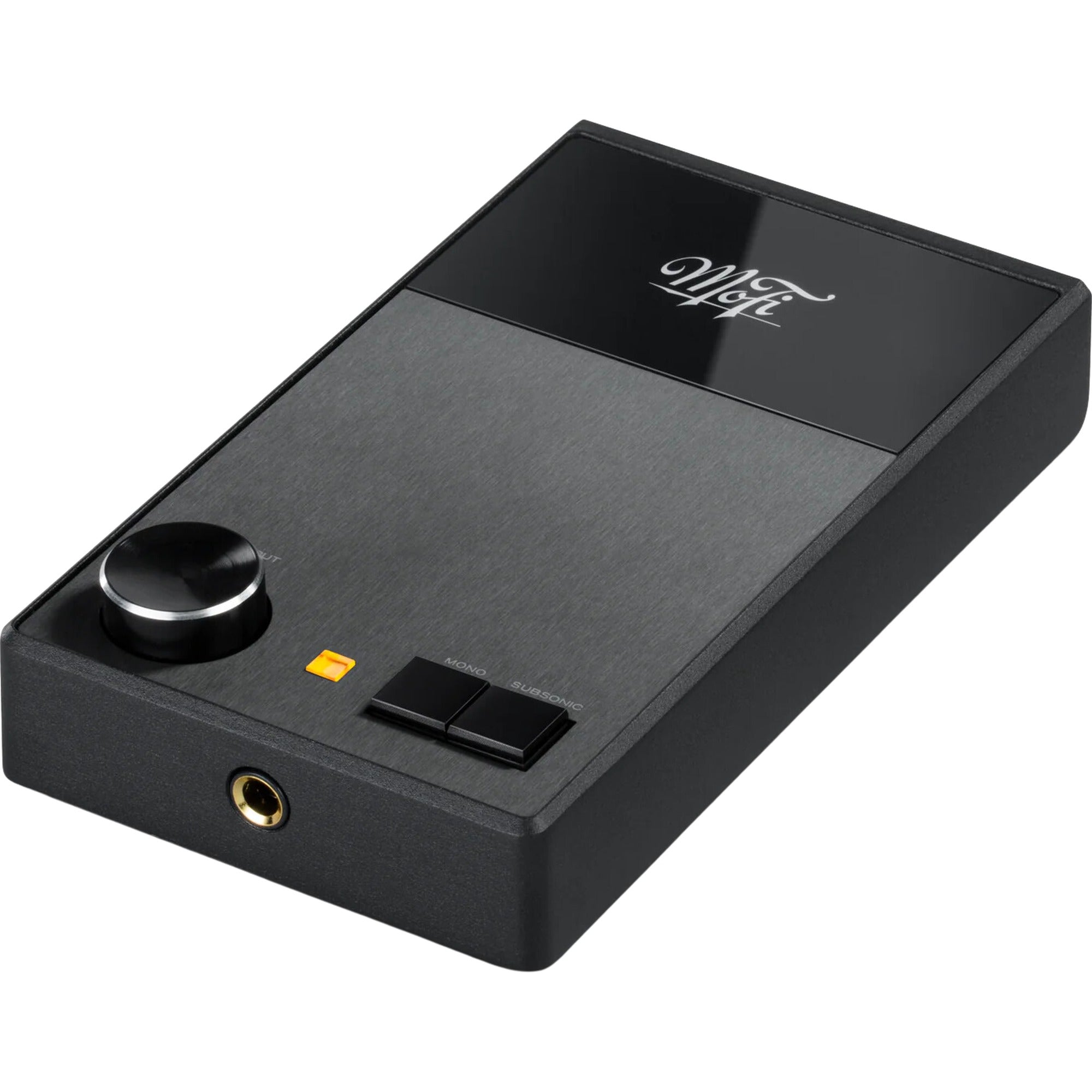 MoFi Electronics UltraPhono phono preamp shown with sleek design and control knobs for high-quality vinyl record audio.