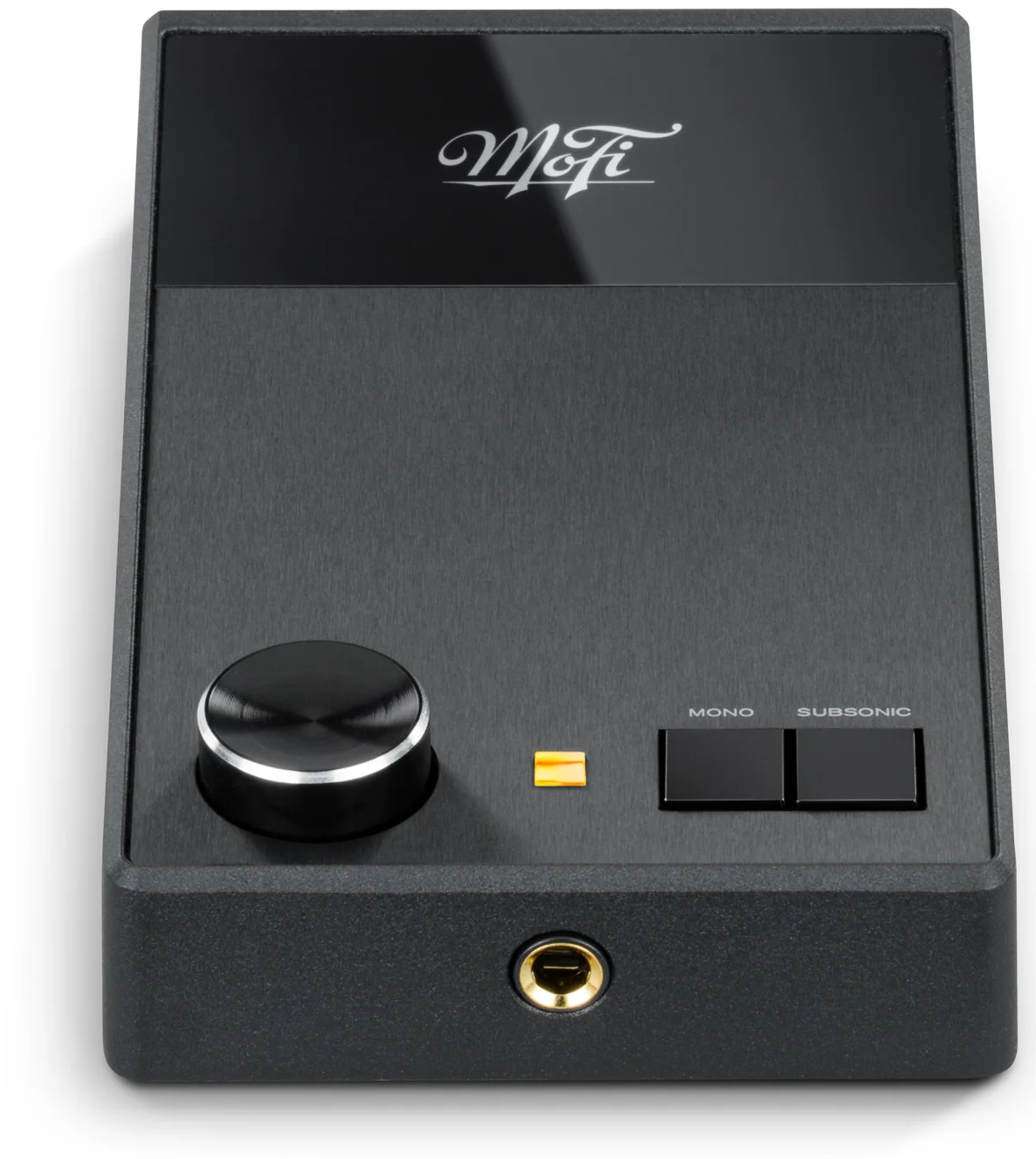 MoFi Electronics UltraPhono phono preamp with front controls and input connections, shown from a high-angle front view.