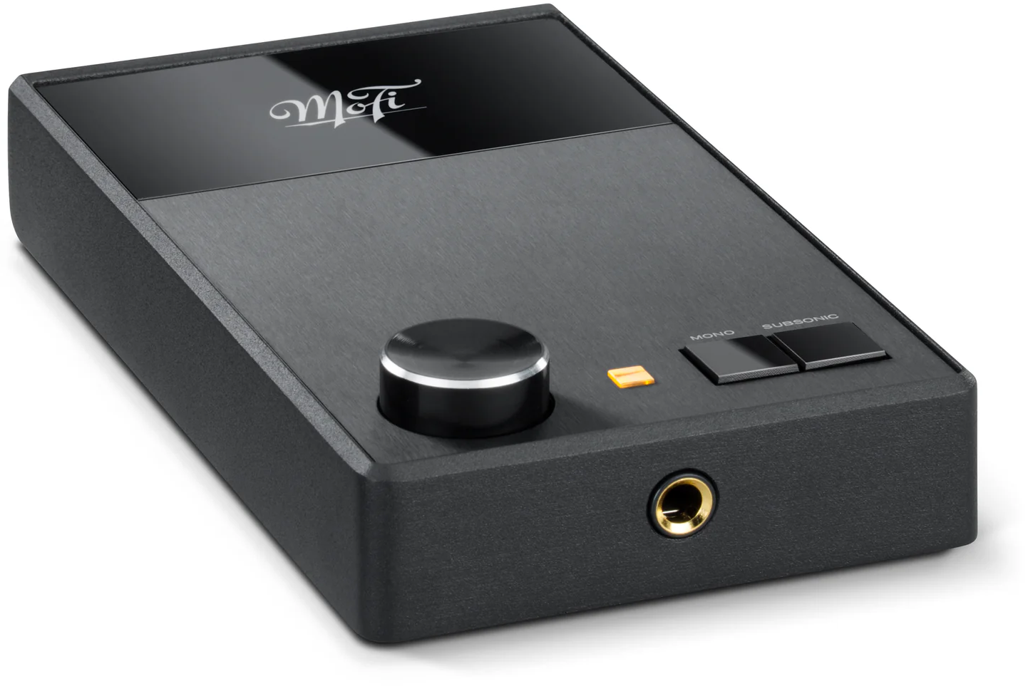 MoFi Electronics UltraPhono phono preamp shown from a right-angle perspective, highlighting its sleek design and input connections.