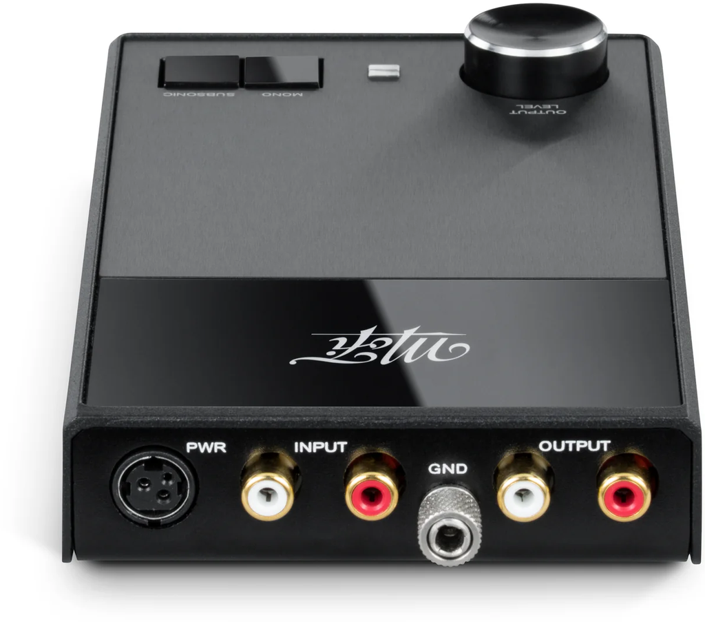 MoFi Electronics UltraPhono phono preamp rear view showing input and output connections on a sleek black device.