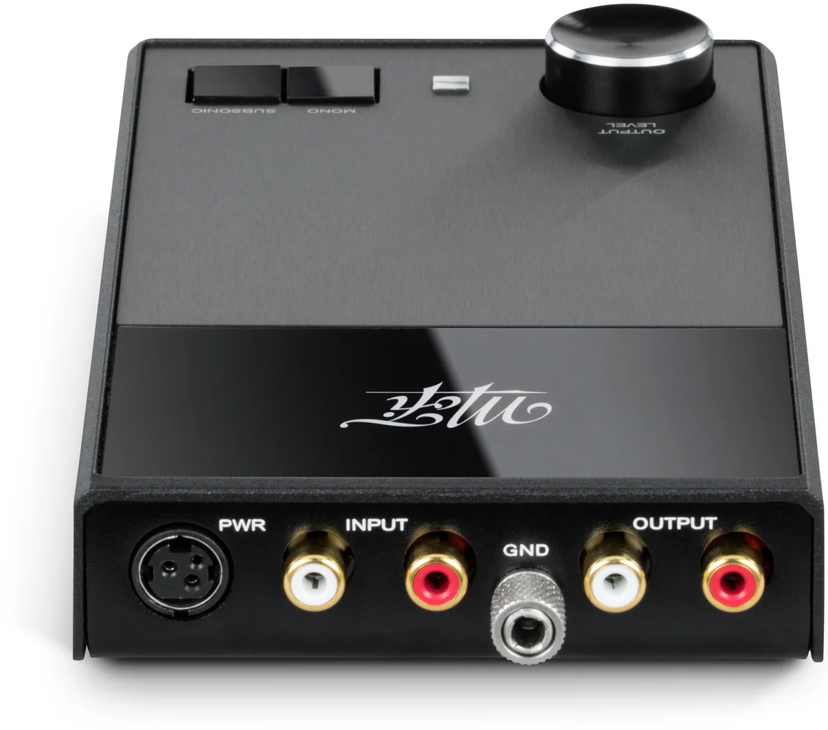 MoFi Electronics UltraPhono phono preamp rear view showing input and output connections on a sleek black device.