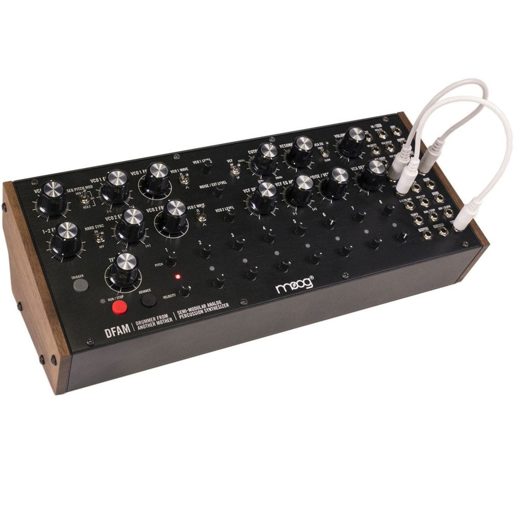 Moog DFAM analog synthesizer with patch cables and control knobs, showcasing its modular drum synthesizer design.