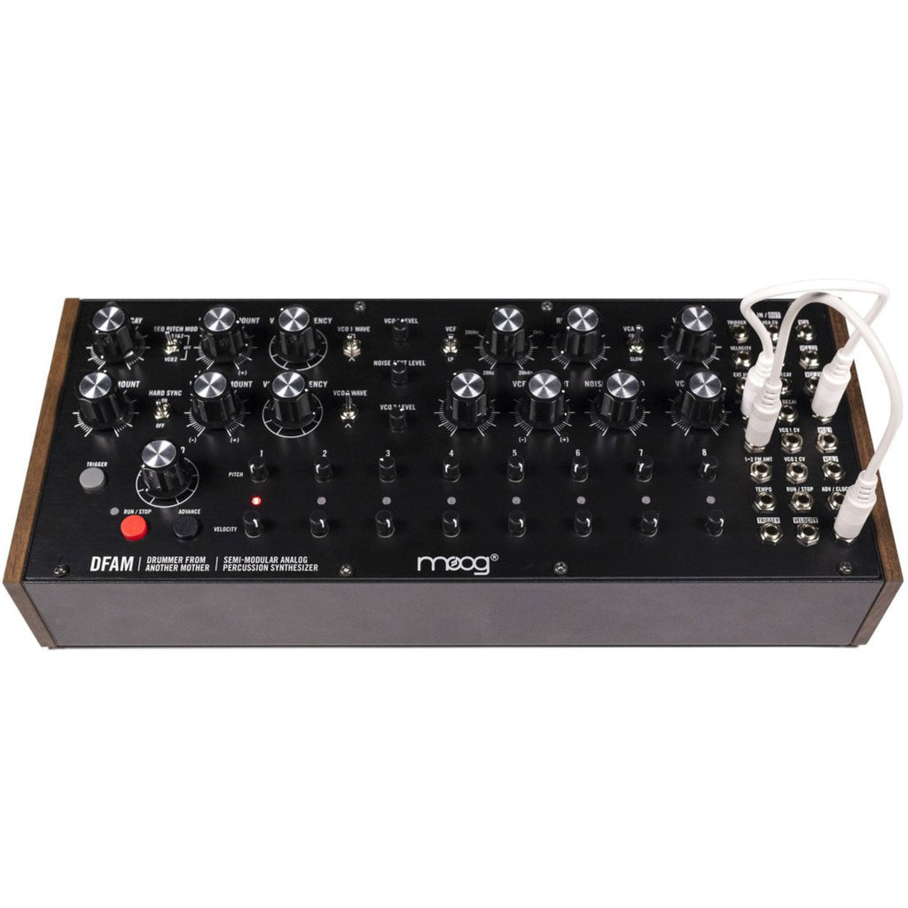 Moog DFAM analog synthesizer with patch points and control knobs, showcasing its compact electronic music instrument.