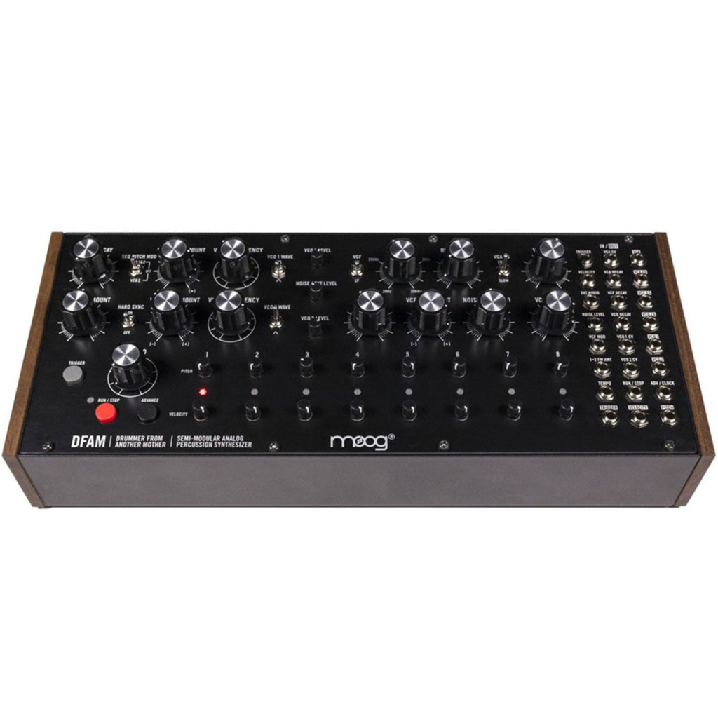 Moog DFAM analog synthesizer with patch points and control knobs, showcasing its modular design and expressive interface.
