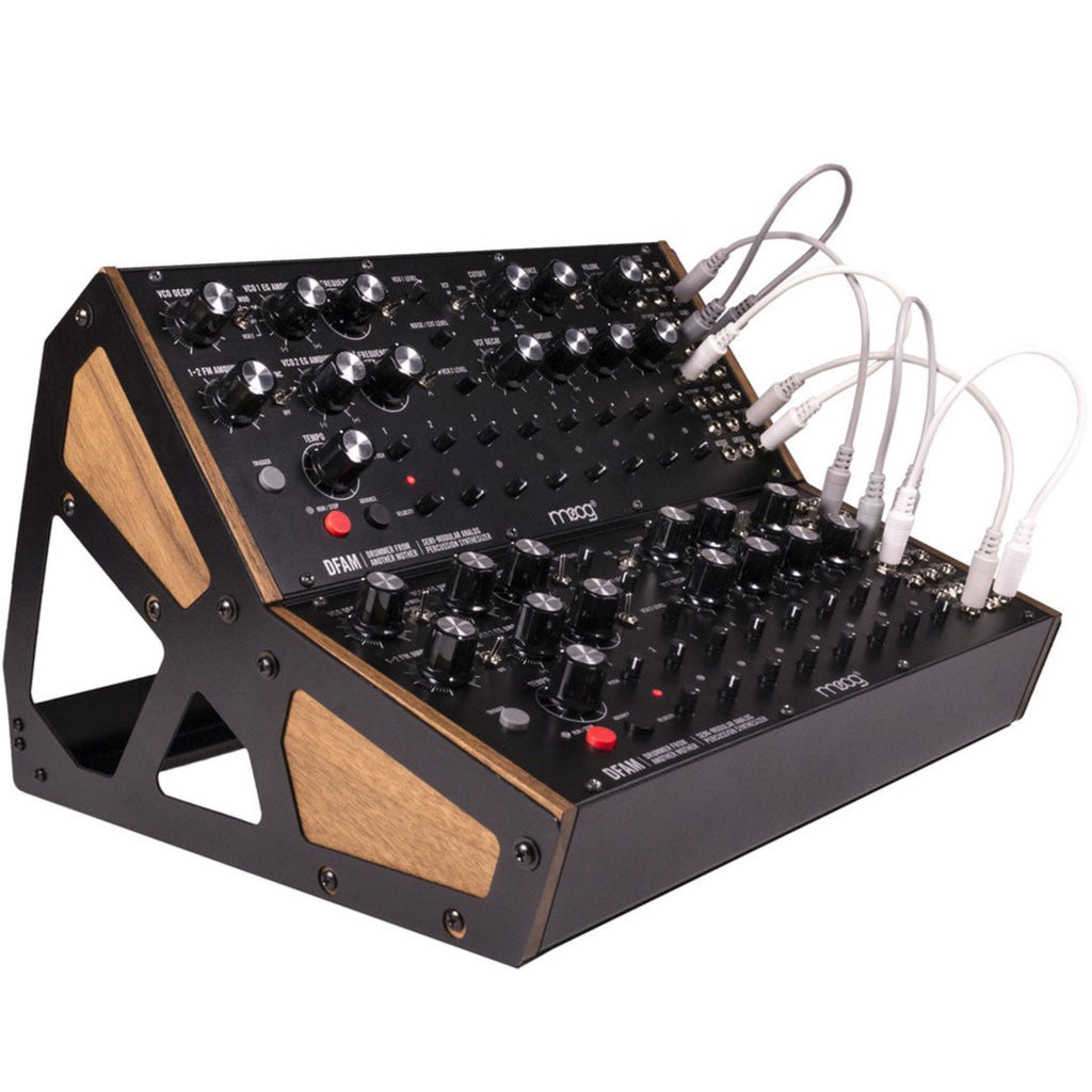 Moog DFAM analog synthesizer with knobs, patch points, and control panel for modular sound creation.