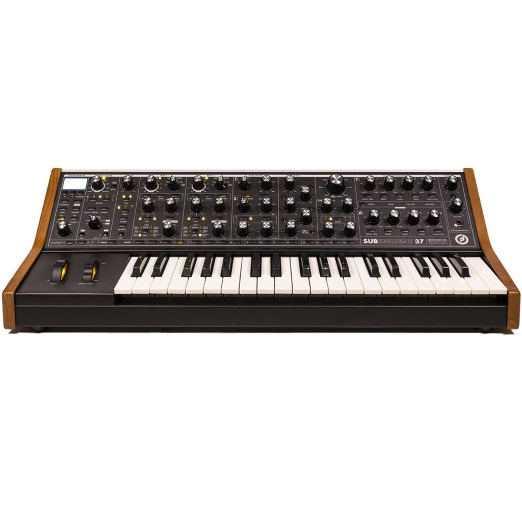 Moog Subsequent 37 analog synthesizer with keyboard and control knobs, featuring sleek black design and various patch points.