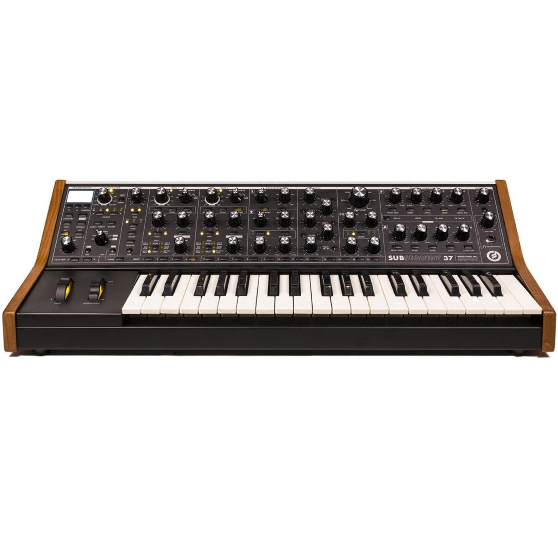 Moog Subsequent 37 analog synthesizer with keyboard and control knobs, featuring sleek black design and various patch points.