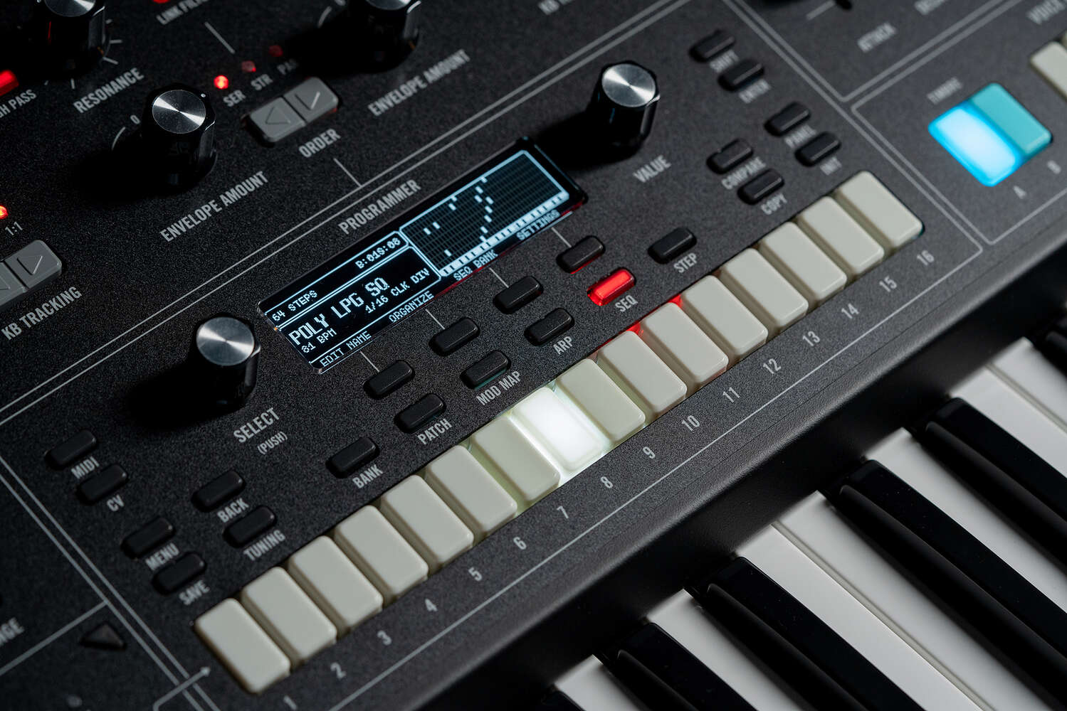 Moog Muse synthesizer with sleek black finish and control knobs, showcasing Moog's high-quality electronic music instrument.