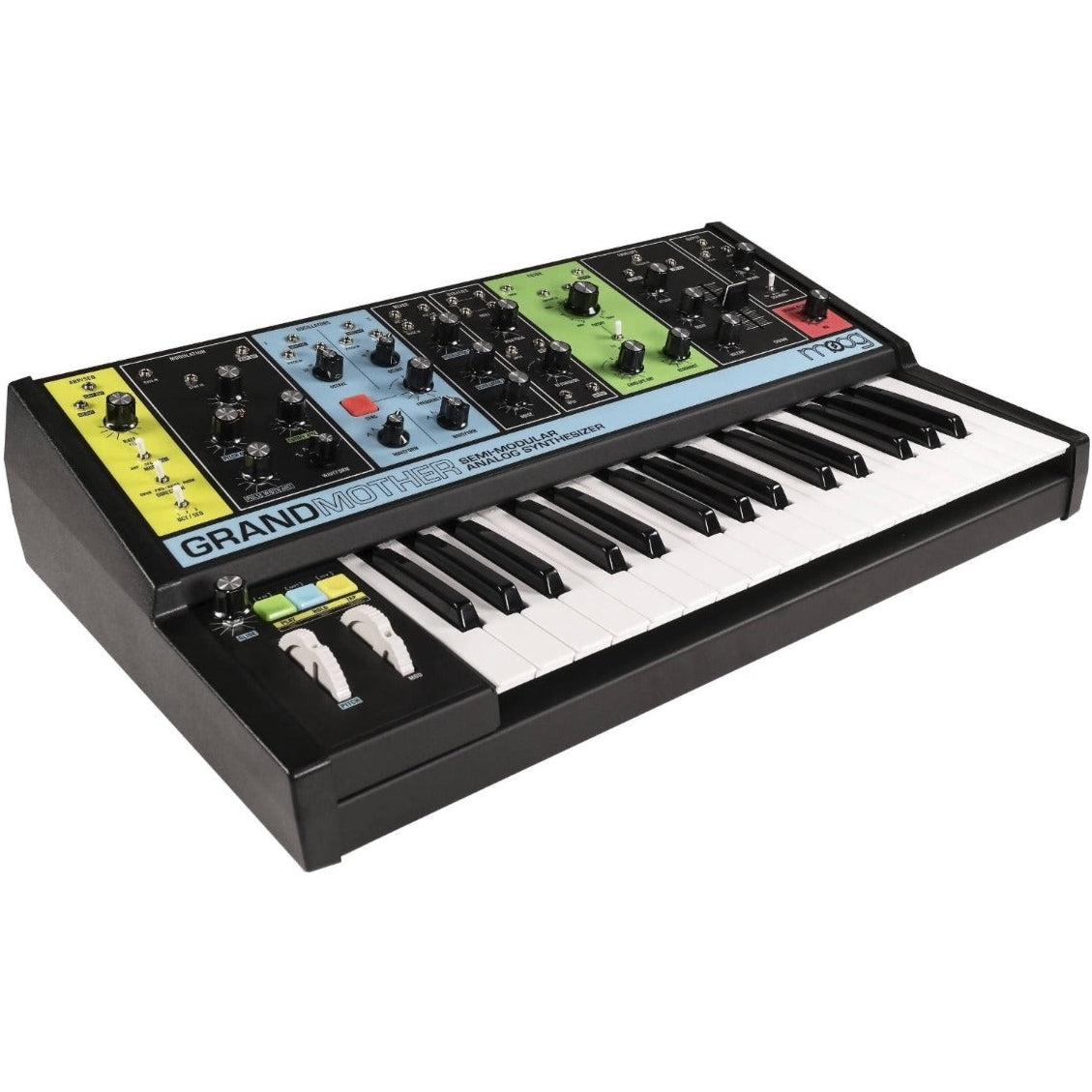 Moog Grandmother synthesizer with vintage-style controls, patch cables, and keyboard, showcasing its analog design and features.