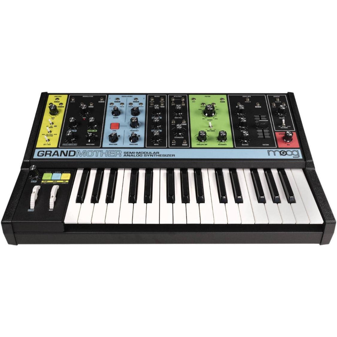 Moog Grandmother analog synthesizer with wooden sides, knobs, and patchbay, showcasing its vintage-inspired design and controls.