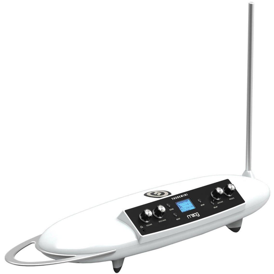 Moog Theremini synthesizer with control interface and glowing LEDs, showcasing the compact, vintage-inspired design.