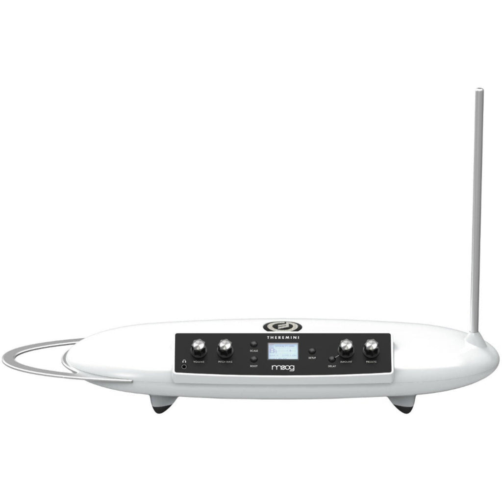 Moog Theremini synthesizer with a sleek black design, featuring touch-sensitive controls and a compact, modern shape.