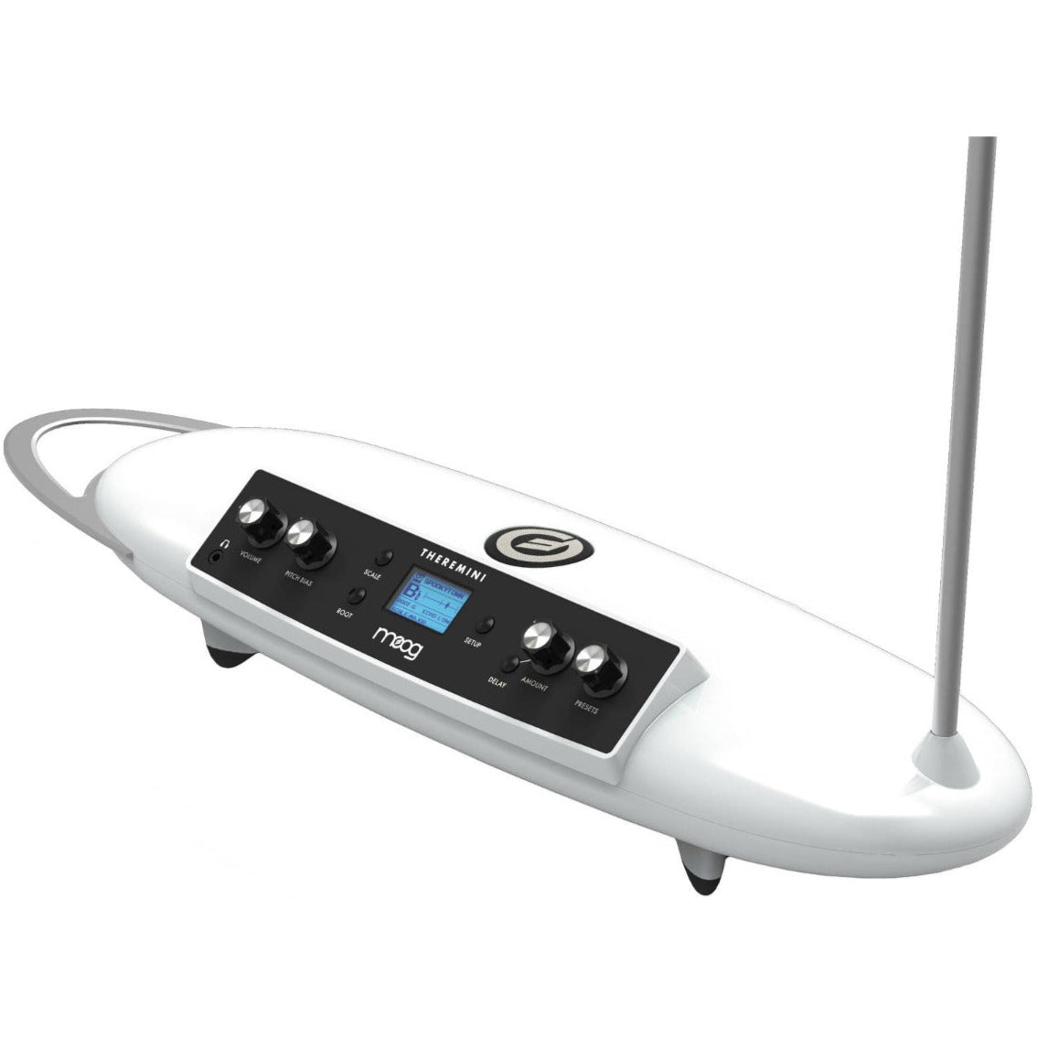 Moog Theremini synthesizer with control interface, LED display, and pitch antenna, showcasing its compact design and electronic controls.