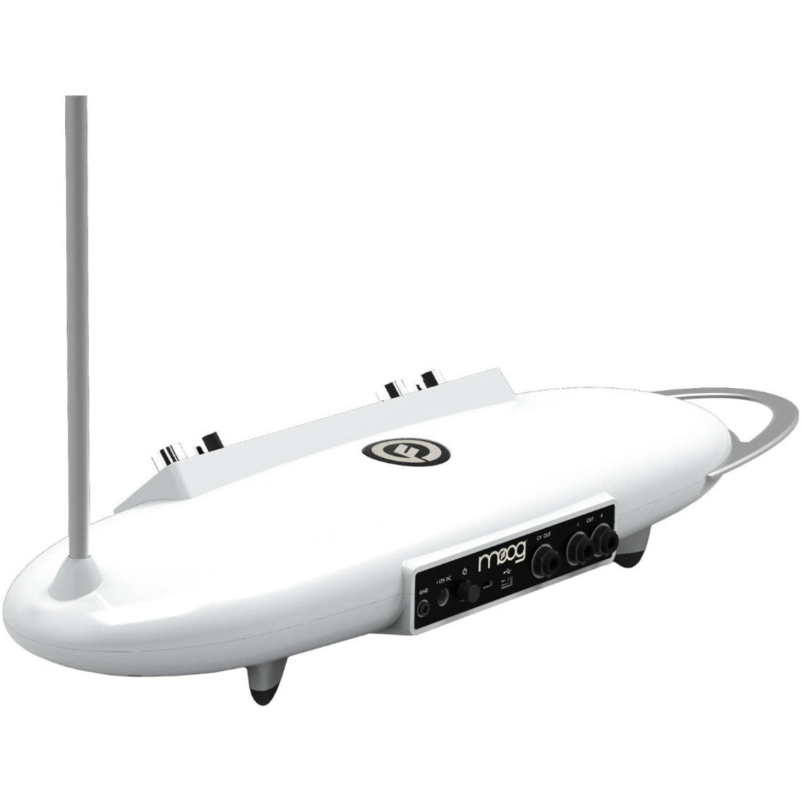 Moog Theremini synthesizer with control knobs and LED display, compact electronic music instrument by Moog.