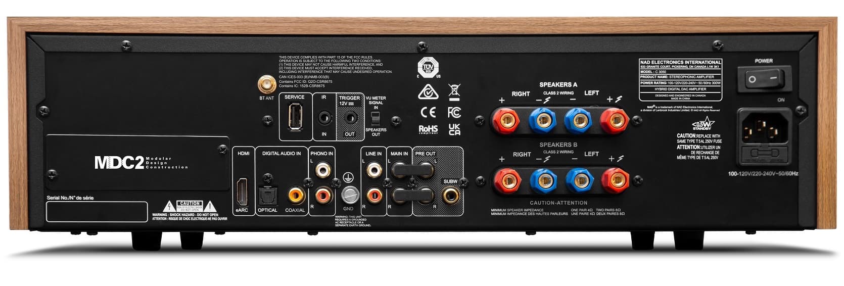 Rear view of NAD C 3050 stereo amplifier showing input and output ports on the integrated amplifier.