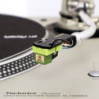 Nagaoka MP-150H turntable cartridge with headshell, featuring a sleek black design and stylus for high-quality vinyl playback.