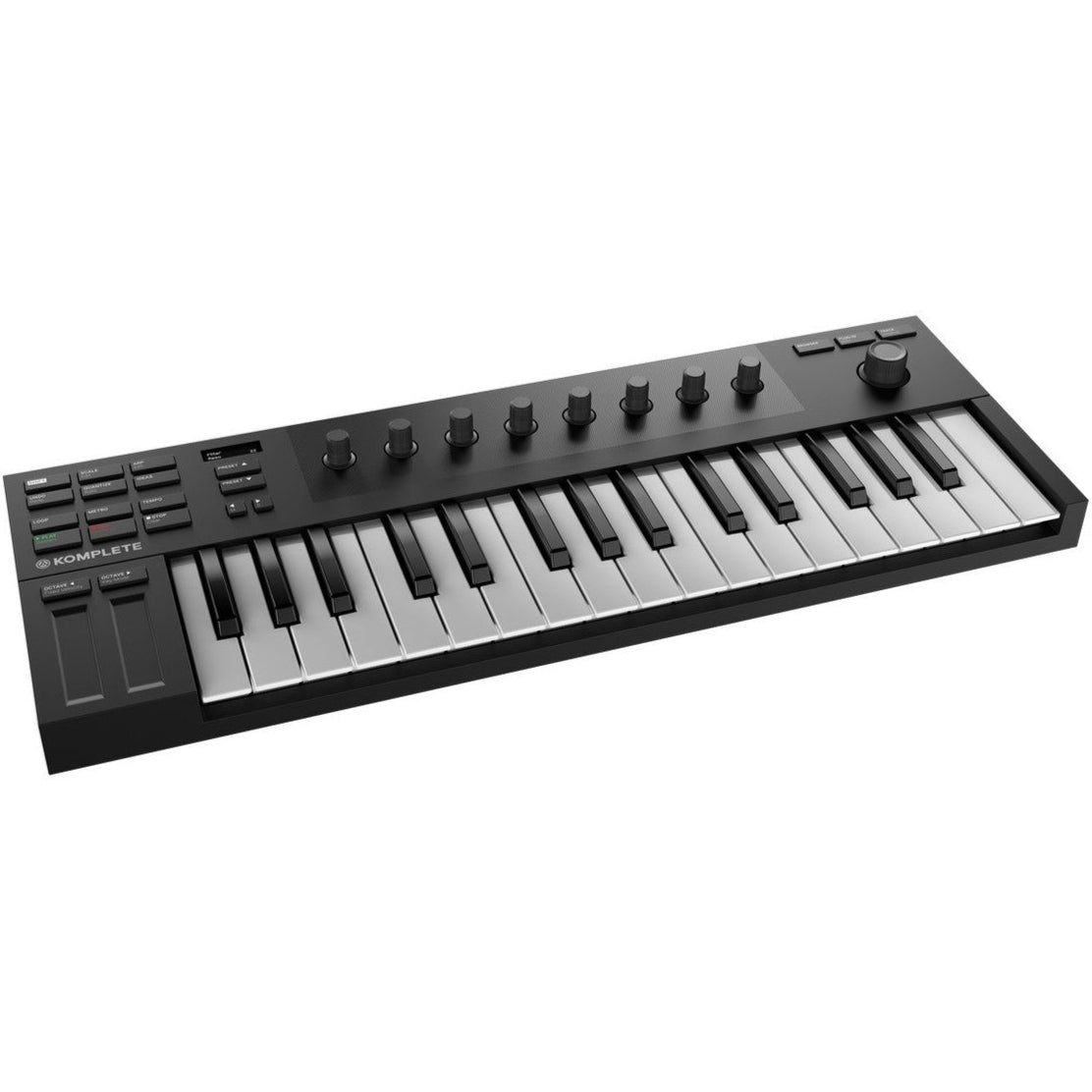 Native Instruments Komplete Kontrol M32 MIDI keyboard with black keys, knobs, and controls on a sleek surface.