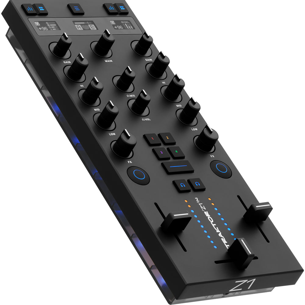 Native Instruments Traktor Z1 MK2 DJ controller, angled hero view of DJ mixer.