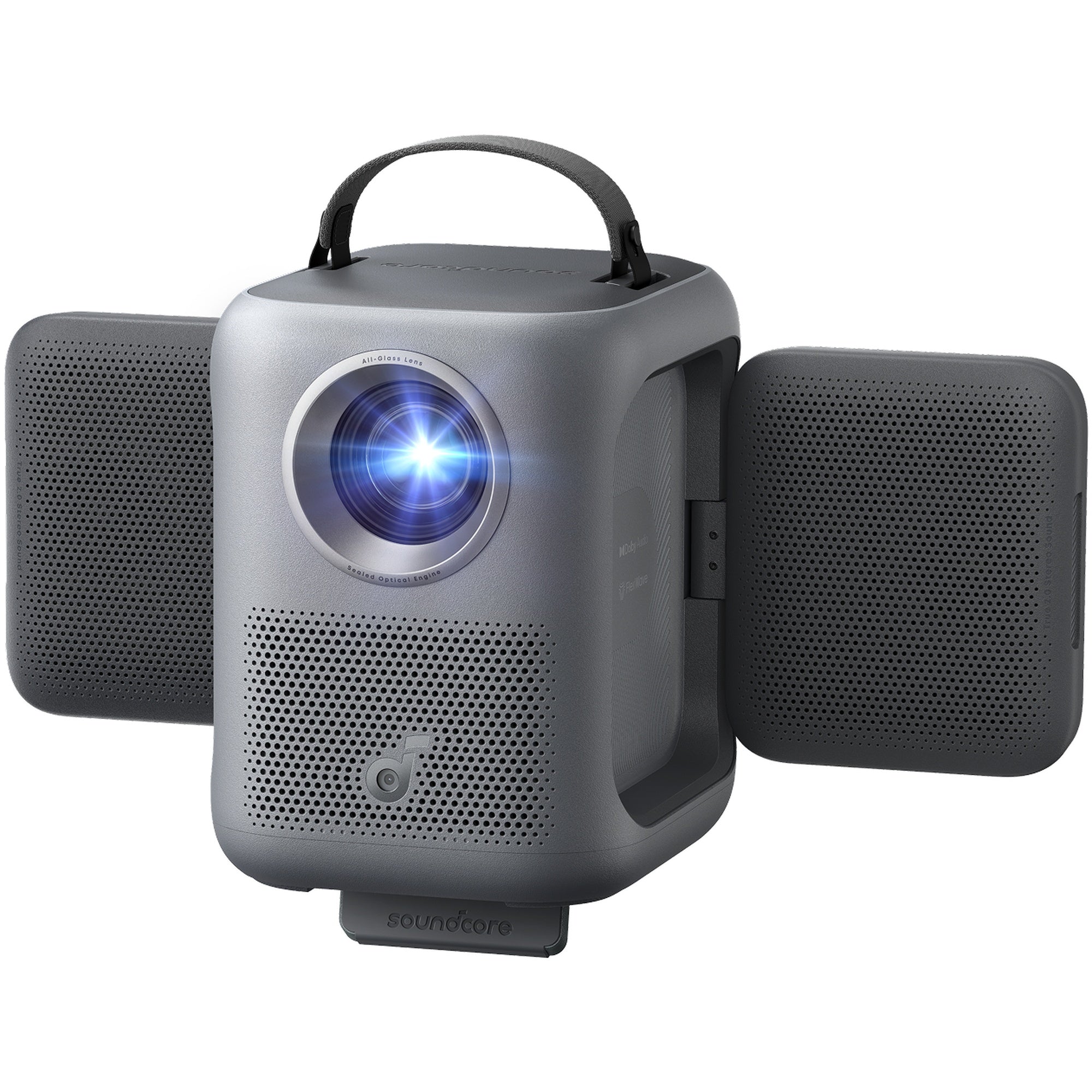 Nebula P1i projector displaying colorful visuals on a wall, showcasing its compact design and vibrant projection quality.