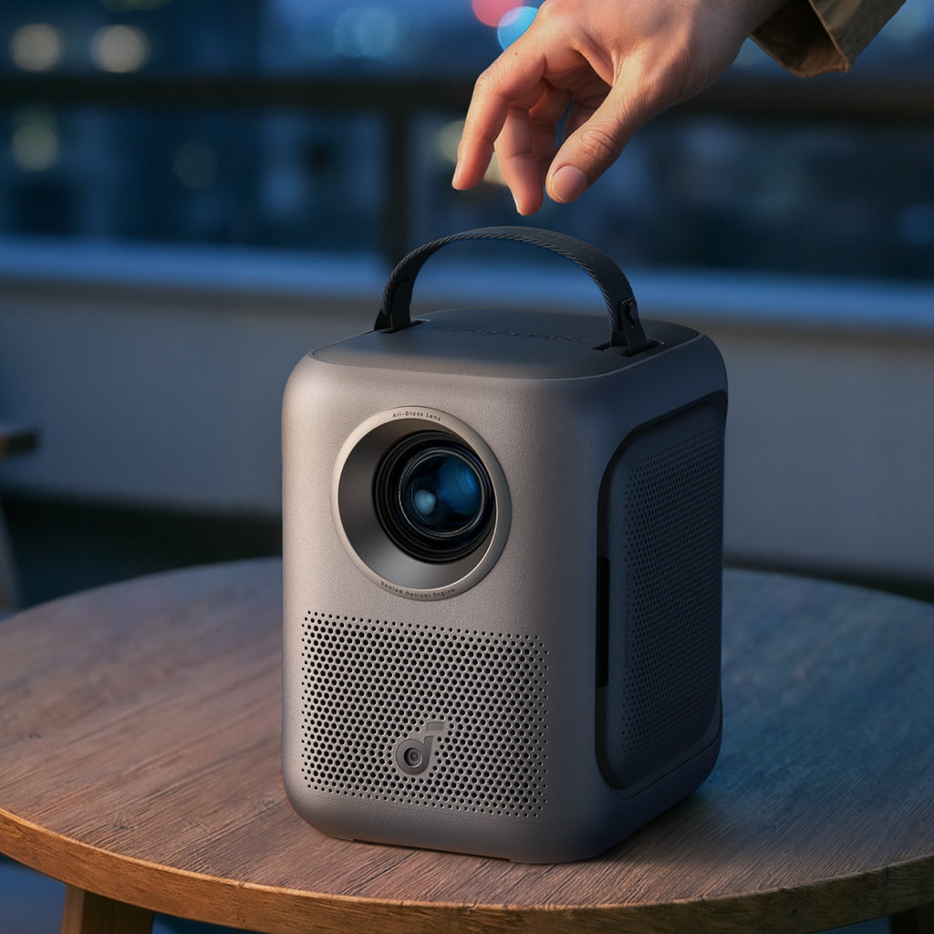 Nebula P1i projector displaying a vibrant movie scene on a wall in a modern living room setting.