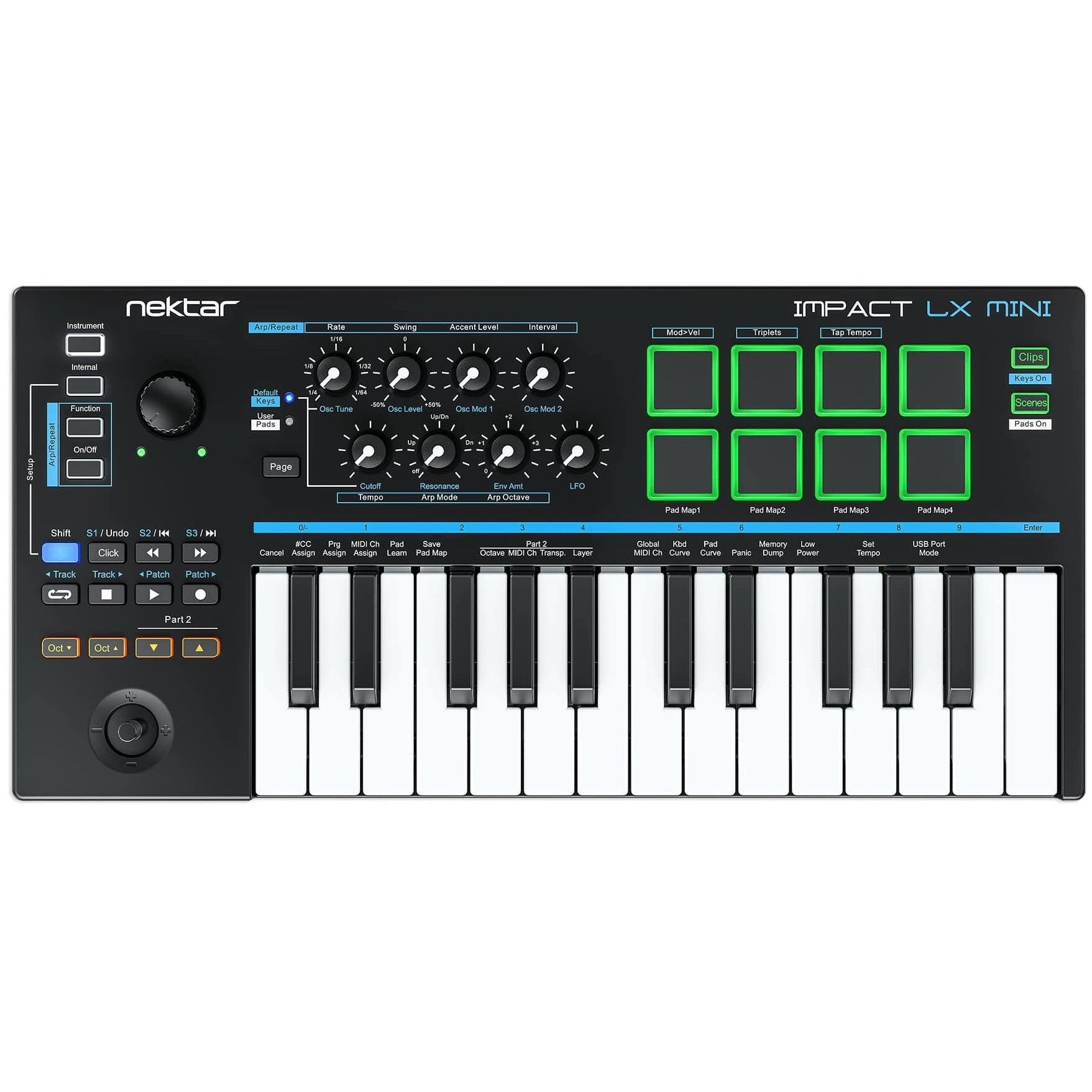Nektar Impact LX Mini MIDI keyboard with black keys, compact design, and control knobs, ideal for music production.