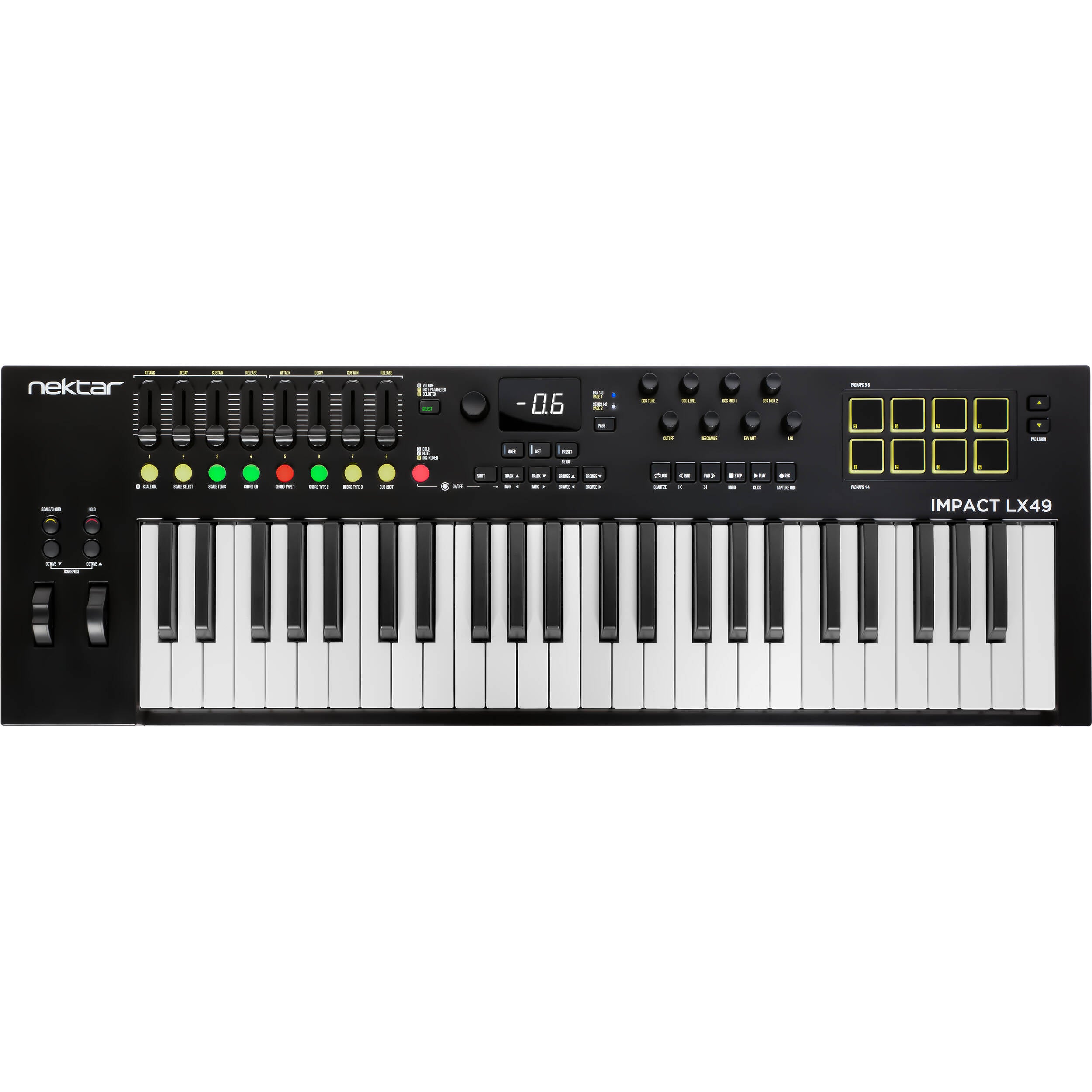Nektar Impact LX49 MK3 MIDI keyboard, front view with keys