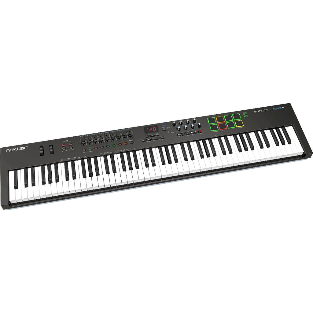 Nektar Impact LX88+ MIDI keyboard with 88 keys, control knobs, and transport buttons, designed for music production and live performance.