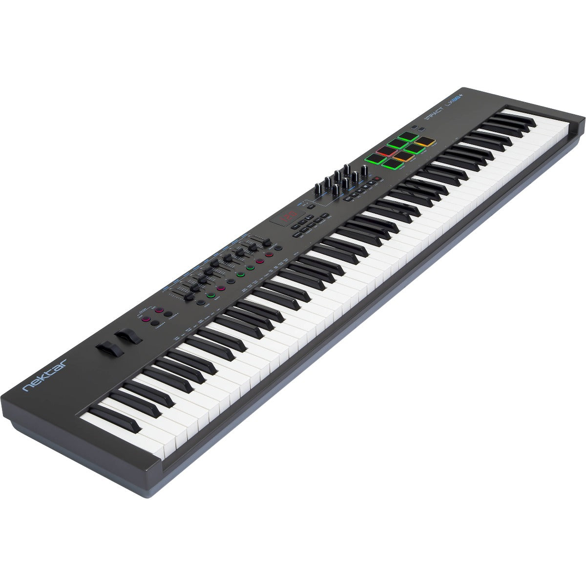 Nektar Impact LX88+ MIDI keyboard with 88 keys, control knobs, and assignable faders for music production and performance.