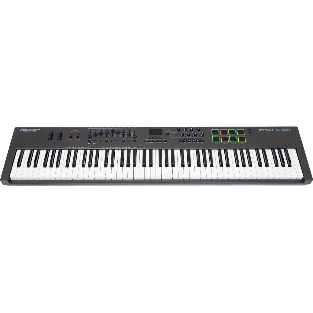 Nektar Impact LX88+ MIDI keyboard with 88 keys, control knobs, and buttons for music production.