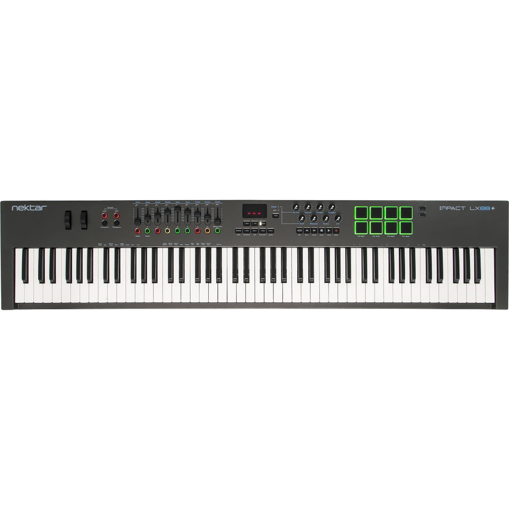 Nektar Impact LX88+ MIDI keyboard with 88 keys and control knobs, designed for music production and performance.