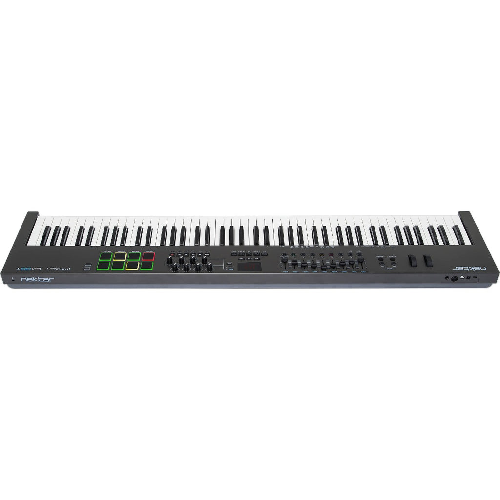 Nektar Impact LX88+ MIDI keyboard with 88 keys, control knobs, and transport buttons on a black background.