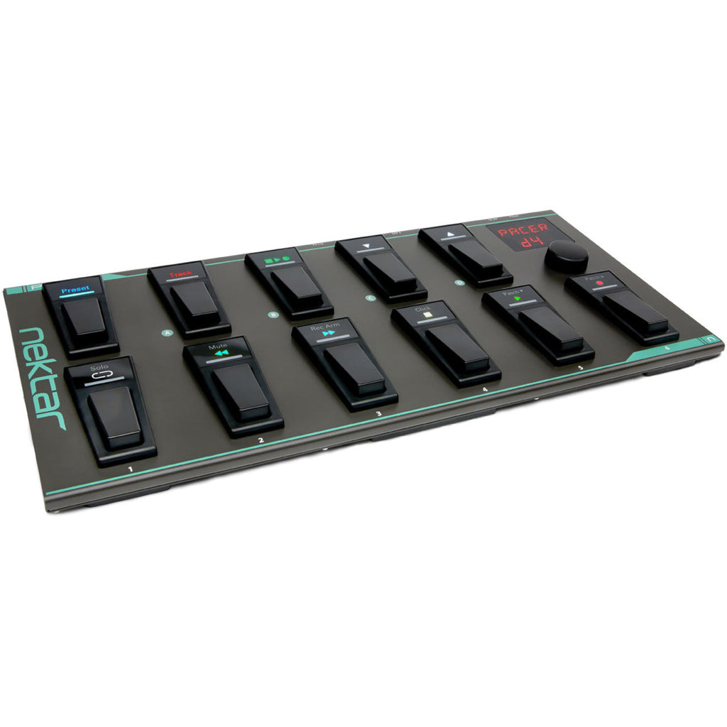 Nektar Pacer MIDI controller with pads, knobs, and buttons for music production and performance on a sleek black interface.
