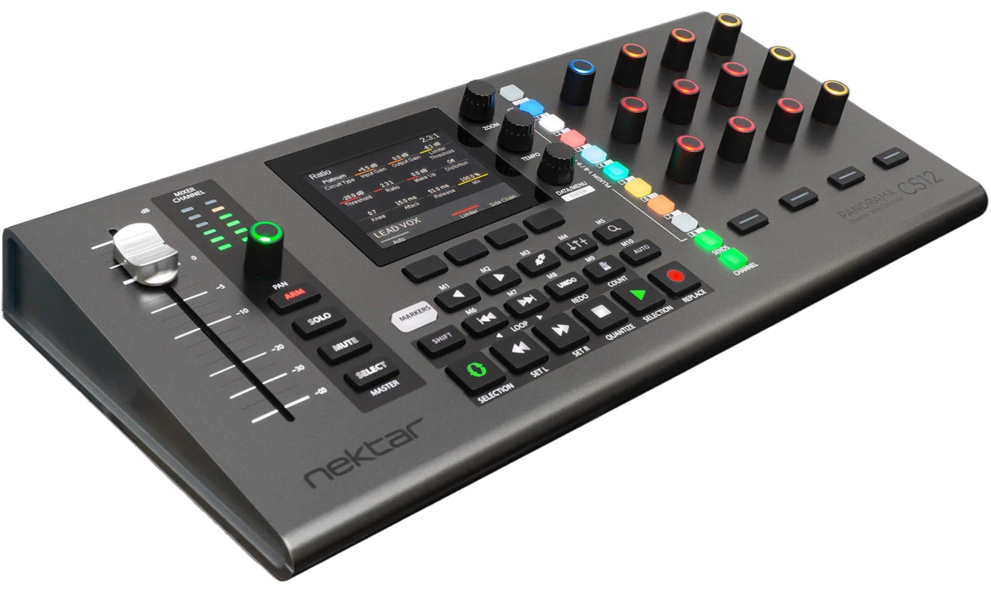 Nektar Panorama CS12 DAW controller with multiple faders, knobs, and transport controls on a sleek black interface.