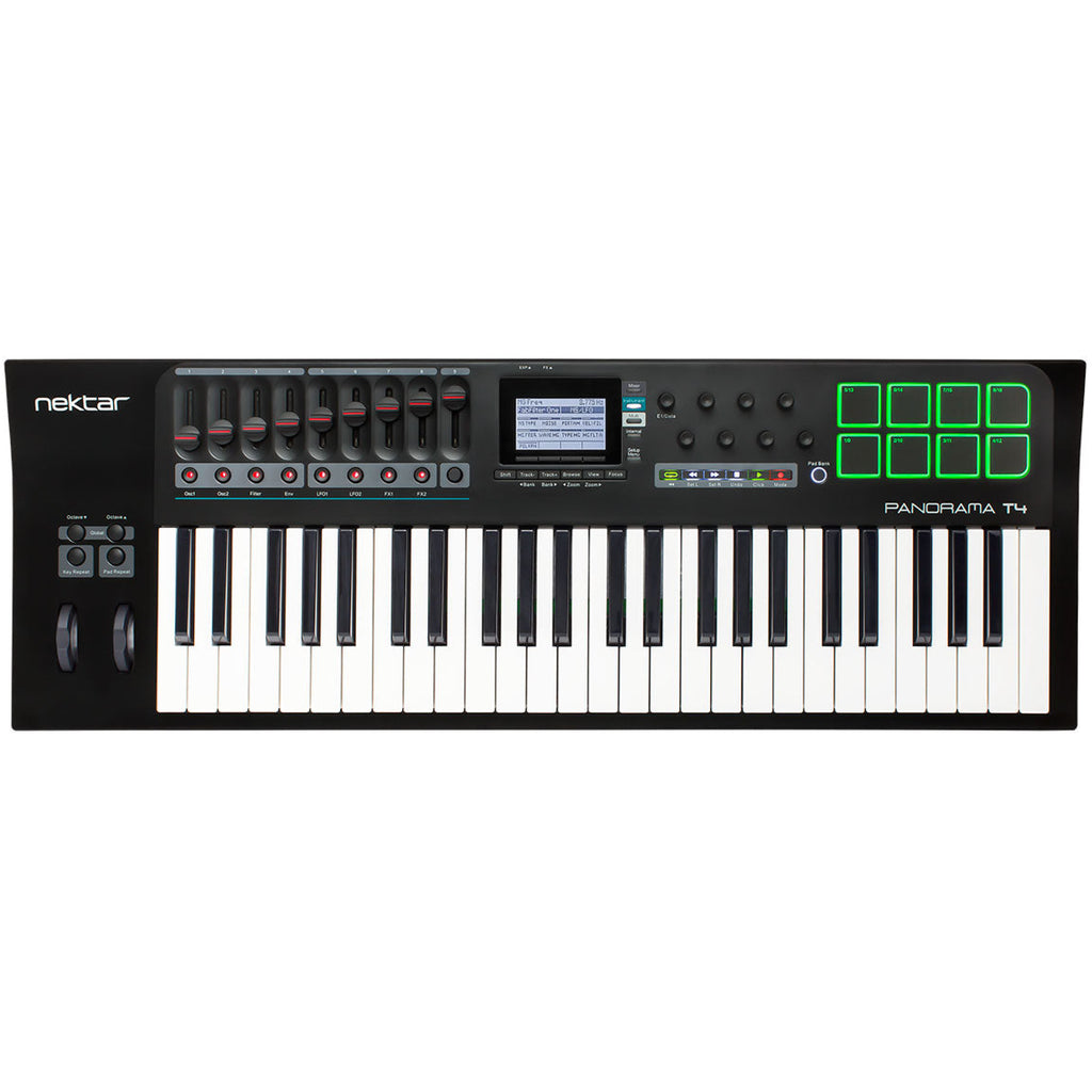 Nektar Panorama T4 MIDI controller with four touchscreen knobs and control surface for music production and DAW integration.
