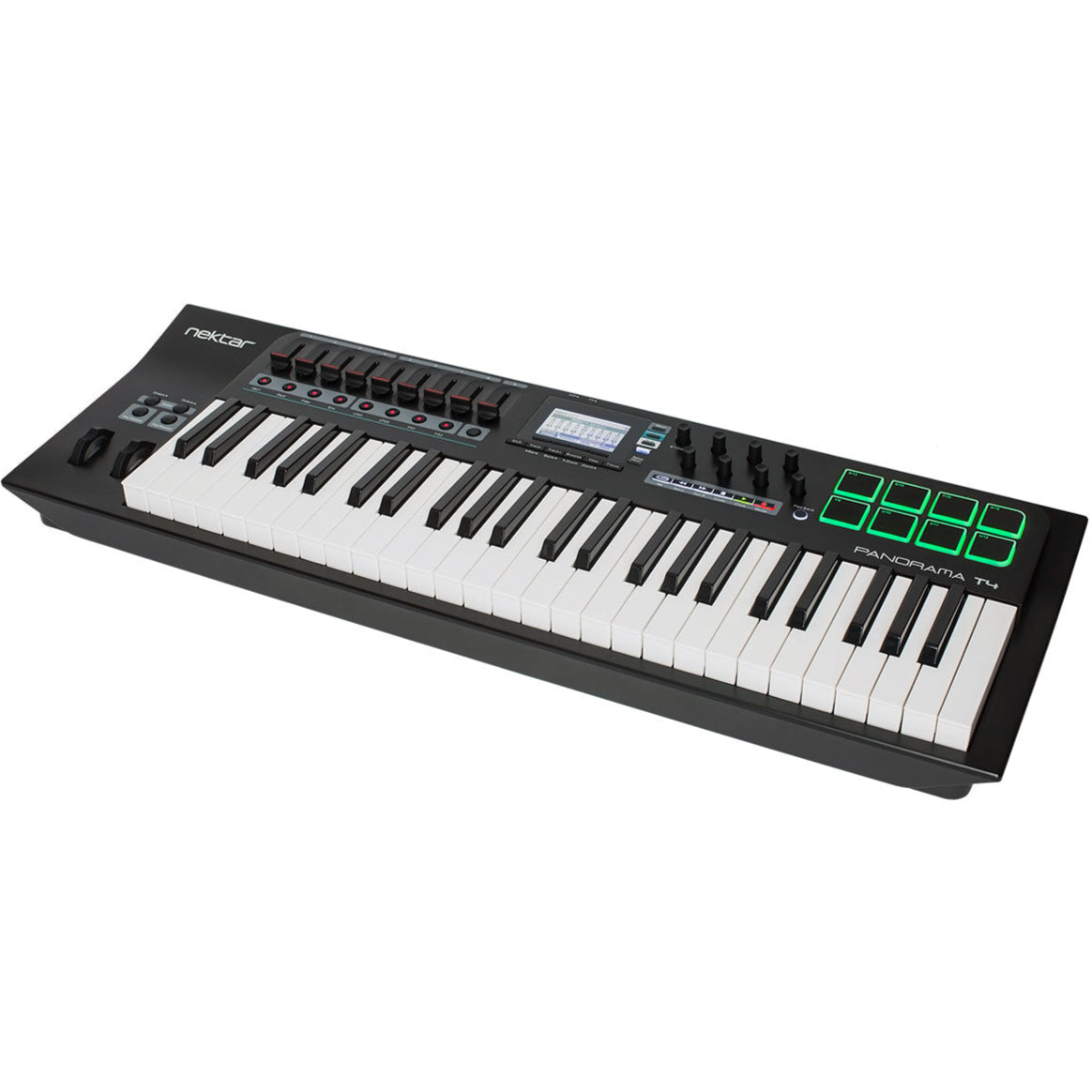 Nektar Panorama T4 MIDI keyboard controller with four rotary knobs and a sleek black design, shown angled on a white background.