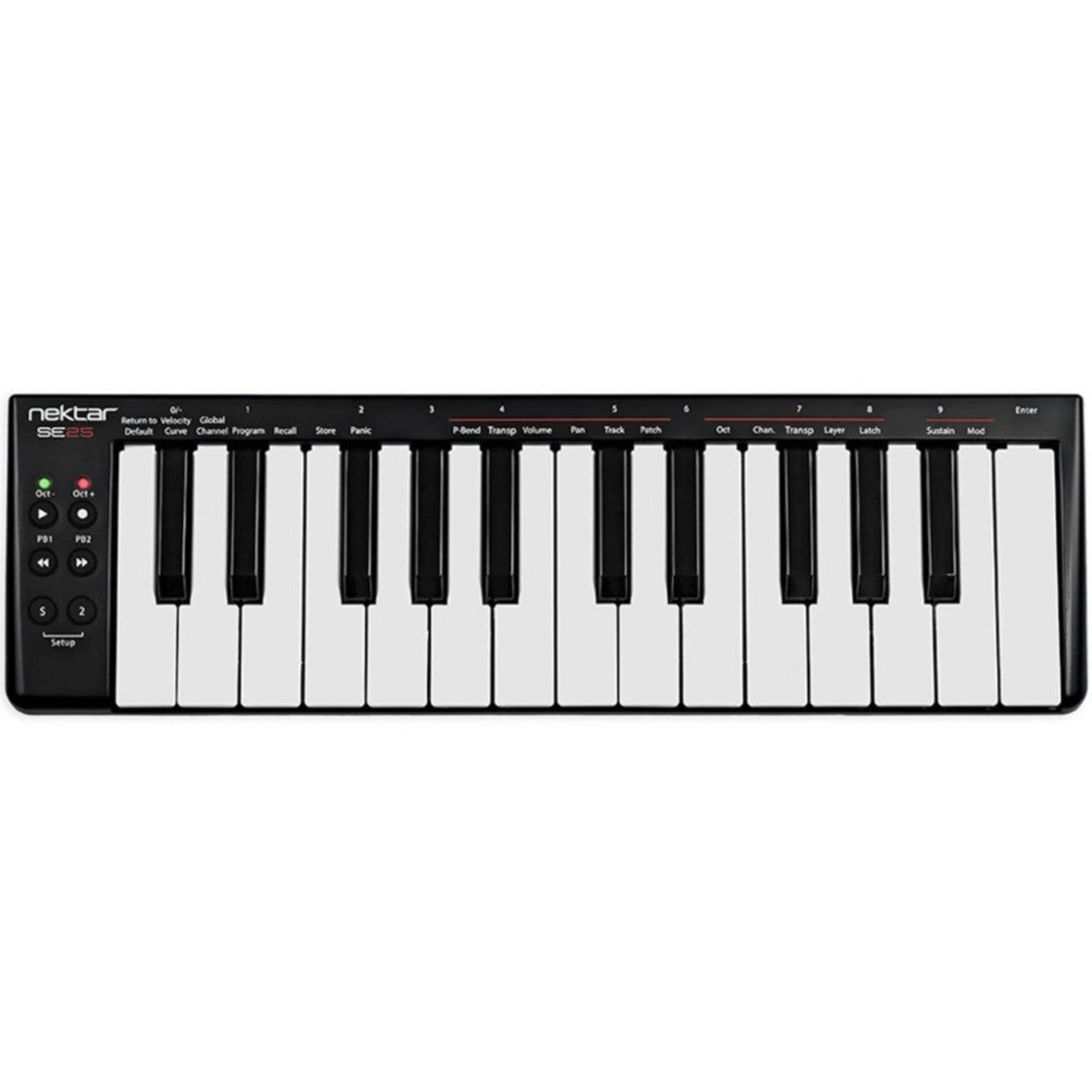 Nektar SE25 MIDI keyboard with 25 keys, compact controller with integrated knobs and controls for music production.