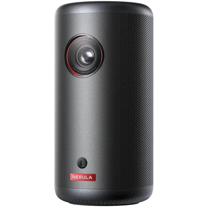 Nebula Capsule 3 portable projector in black showing compact design and lens, ideal for home entertainment and outdoor use.