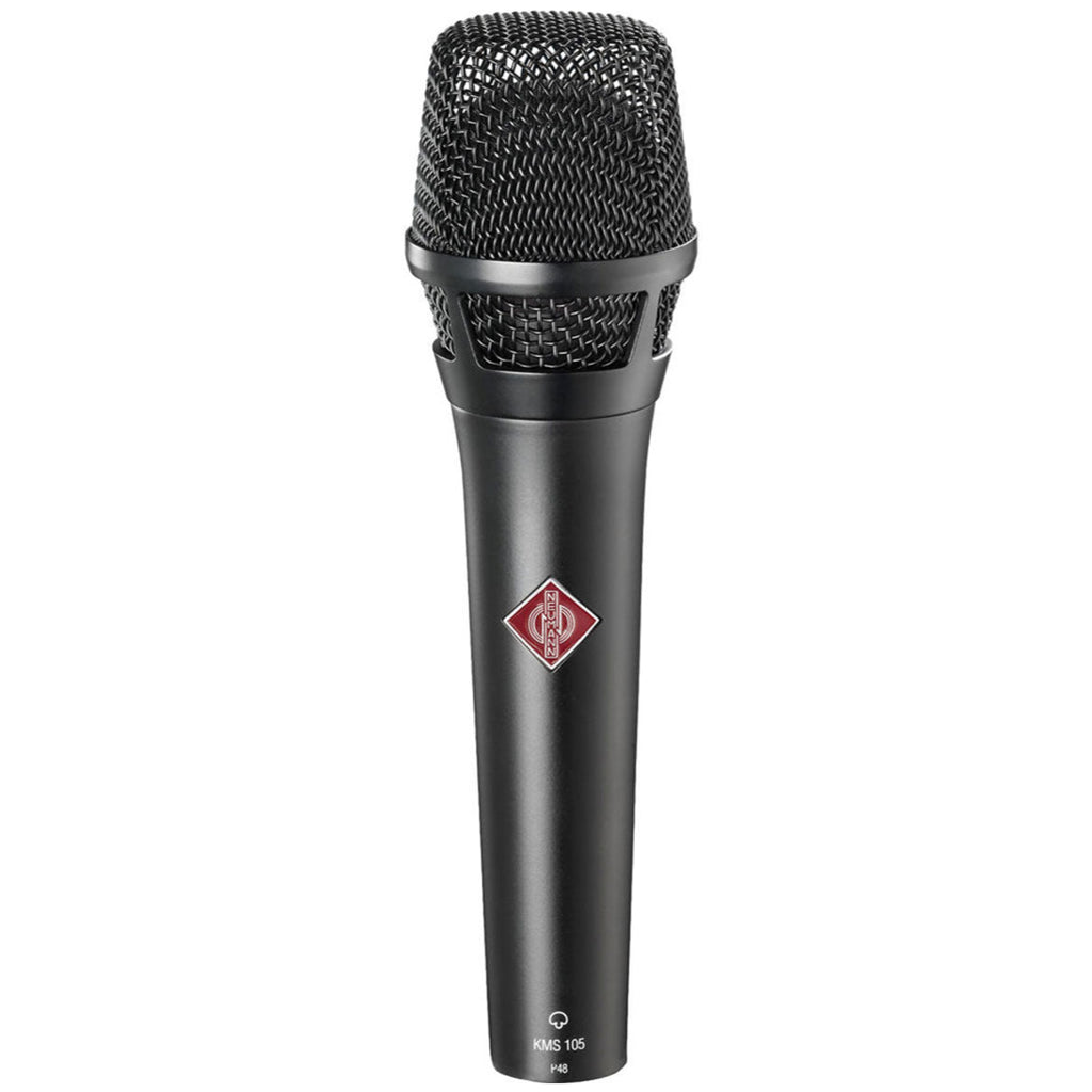 Black Neumann KMS 105 condenser microphone with a sleek design, ideal for professional vocal and instrument recording.