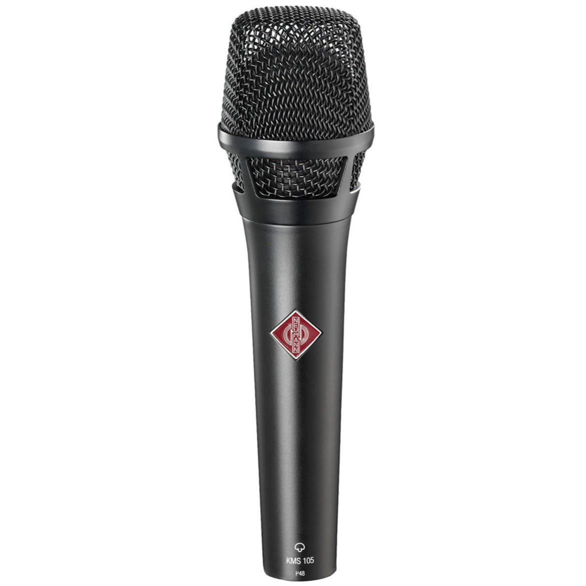Black Neumann KMS 105 condenser microphone with a sleek design, ideal for professional vocal and instrument recording.