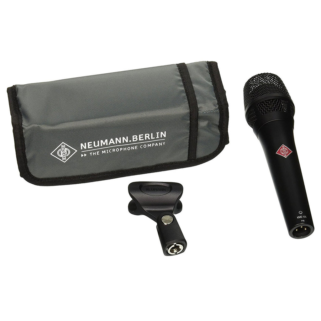 Neumann KMS 105 condenser microphone with black finish, showing its sleek design and professional build for studio recording.